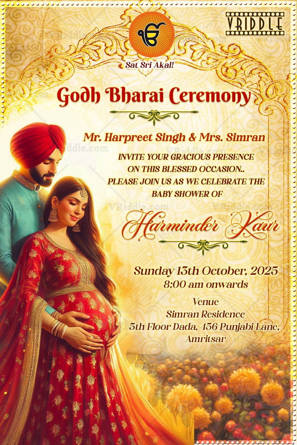 Golden Marigold Godh Bharai Invitation Traditional Punjabi Baby Shower Card