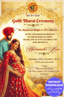 Golden Marigold Godh Bharai Invitation Traditional Punjabi Baby Shower Card
