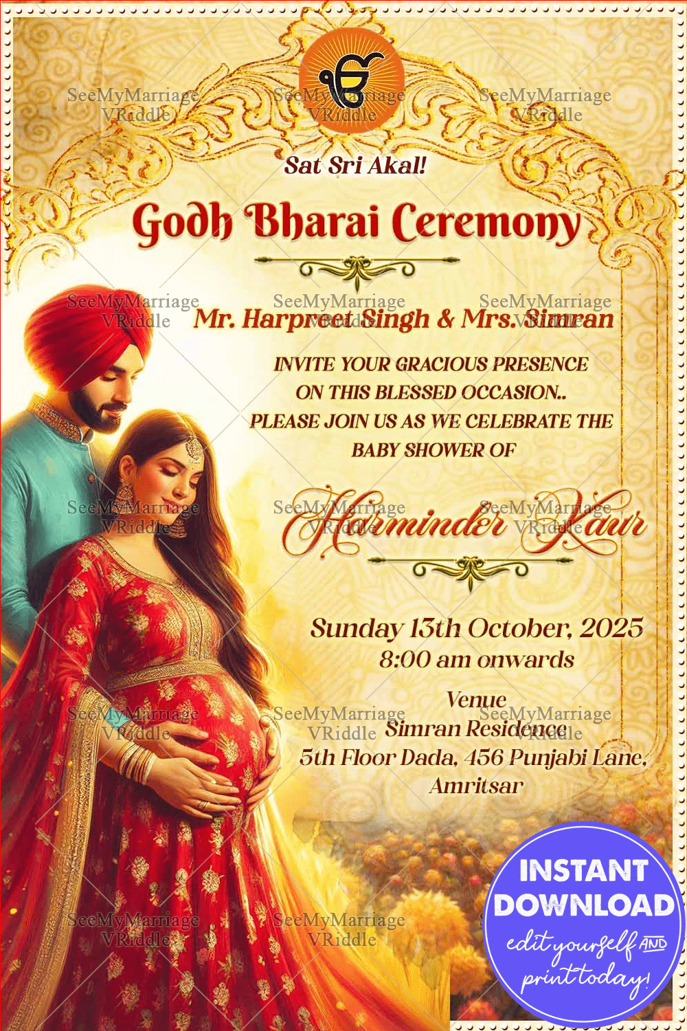 Golden Marigold Godh Bharai Invitation Traditional Punjabi Baby Shower Card
