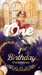 Golden Sparkles Theme First Birthday Bash Invitation Video with Elegant Floral Celebration