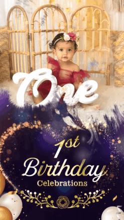 Golden Sparkles Theme First Birthday Bash Invitation Video with Elegant Floral Celebration