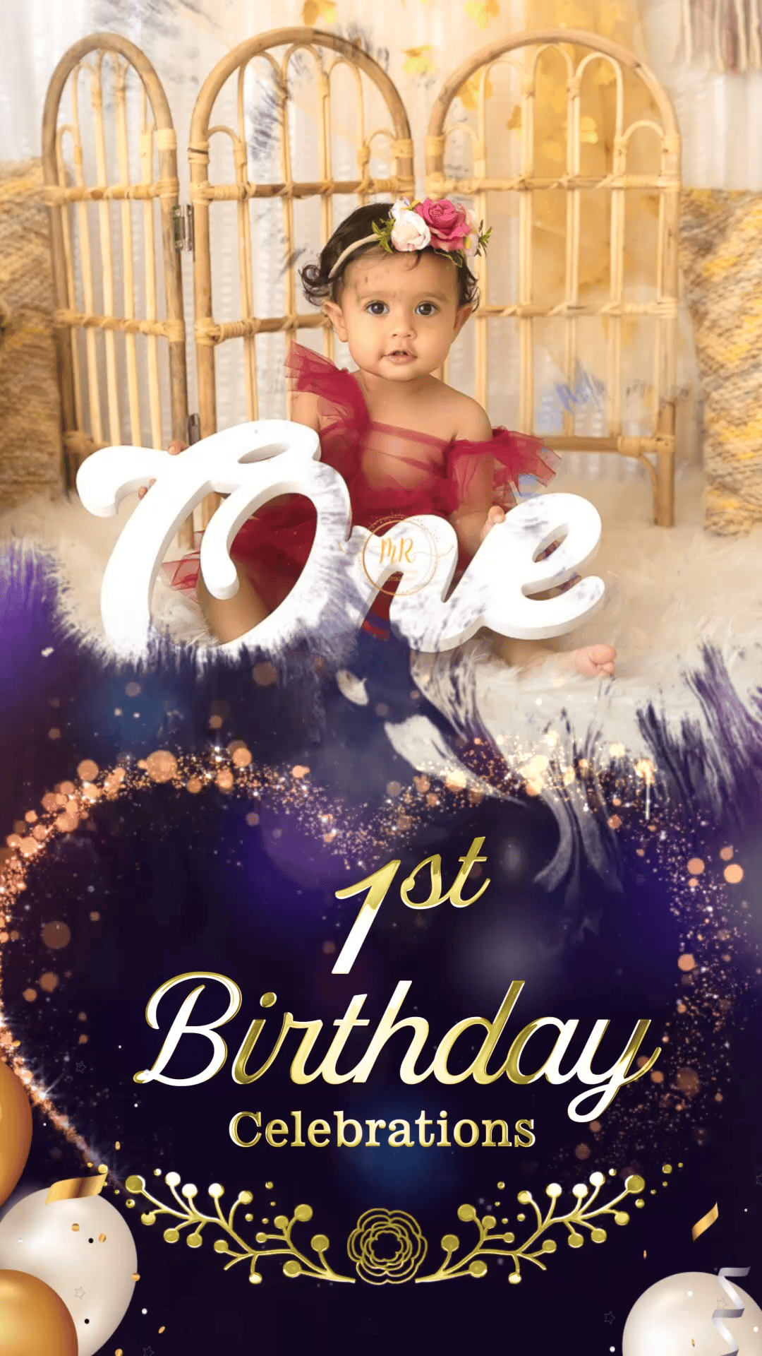 Golden Sparkles Theme First Birthday Bash Invitation Video with Elegant Floral Celebration