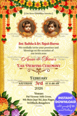 Golden Theme Twins Baby Ear Piercing Ceremony Invitation Card with Add Photo Background