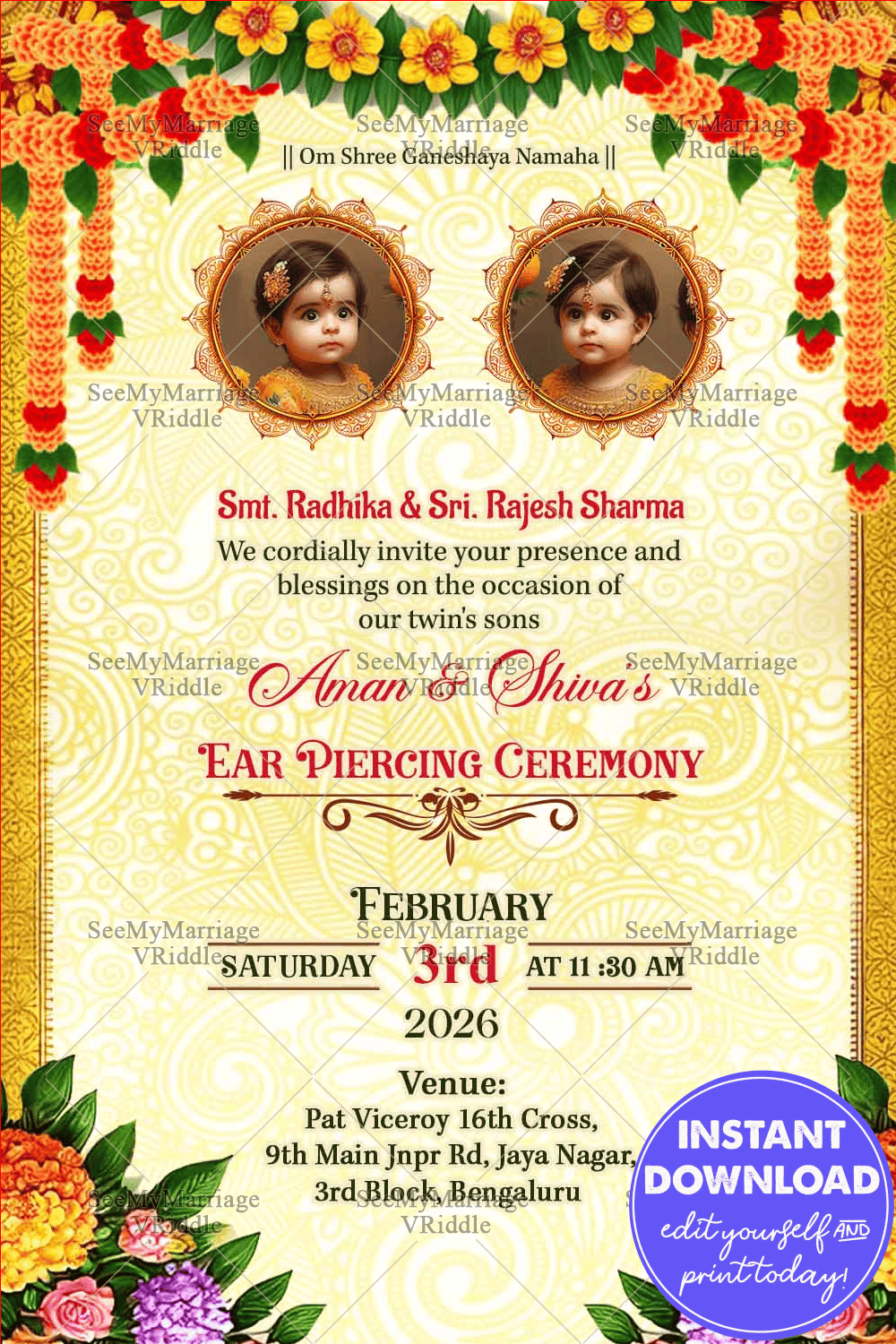 Golden Theme Twins Baby Ear Piercing Ceremony Invitation Card with Add Photo Background