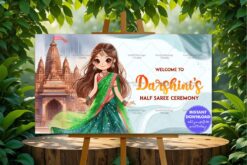 Green Saree Cartoon Girl Theme Half Saree Ceremony Welcome Banner with Traditional Motifs