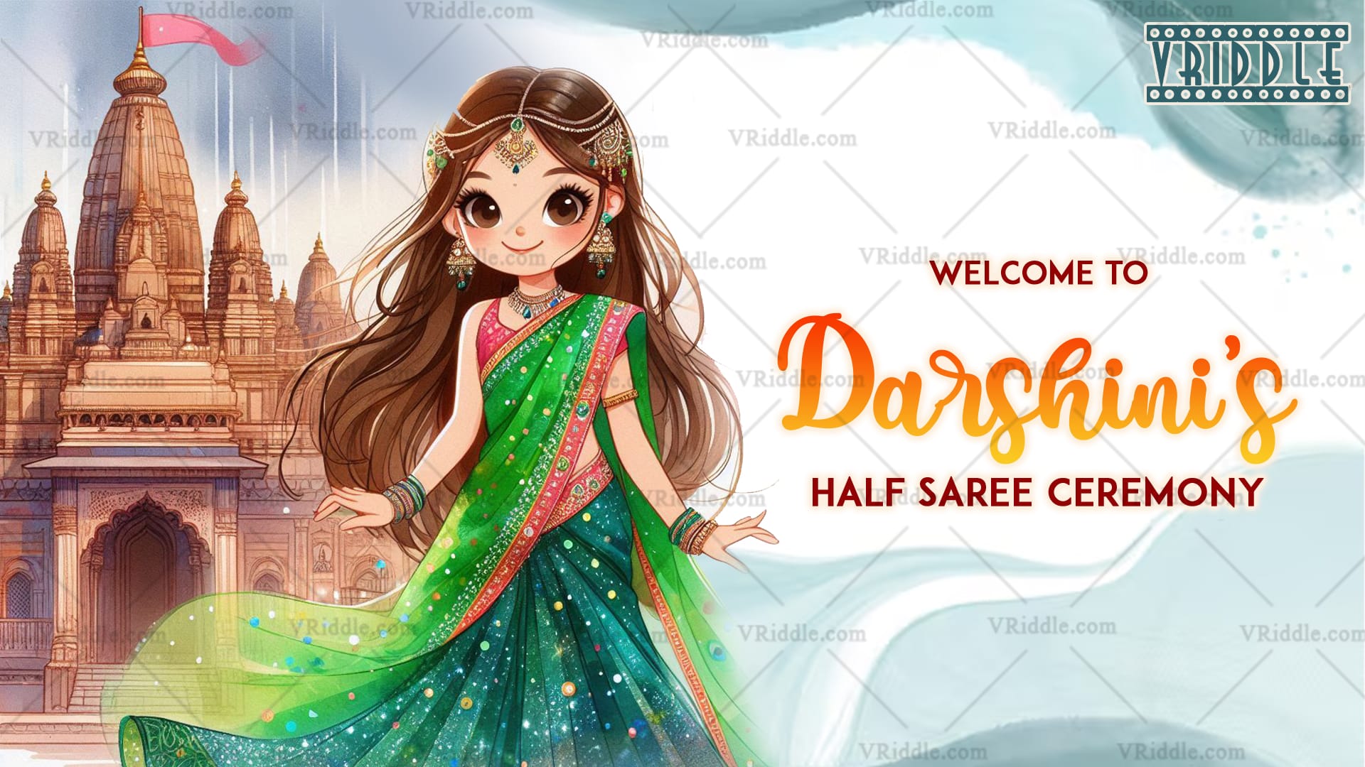 Green Saree Cartoon Girl Theme Half Saree Ceremony Welcome Banner with Traditional Motifs