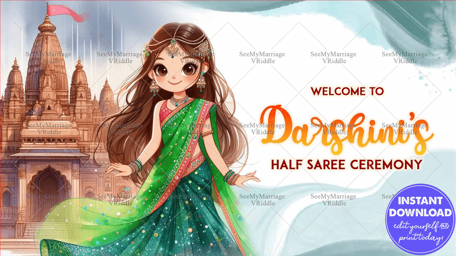 Green Saree Cartoon Girl Theme Half Saree Ceremony Welcome Banner with Traditional Motifs