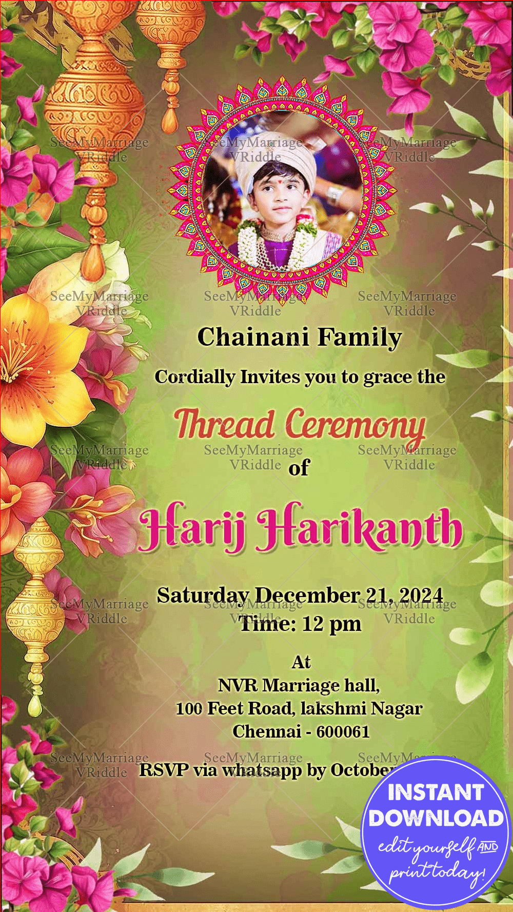 Green Theme Upanayanam Ceremony Invitation Card with Add Photo Background