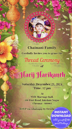 Green Theme Upanayanam Ceremony Invitation Card with Add Photo Background