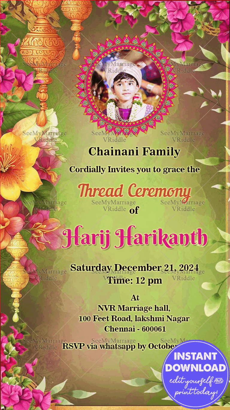 Green Theme Upanayanam Ceremony Invitation Card with Add Photo Background
