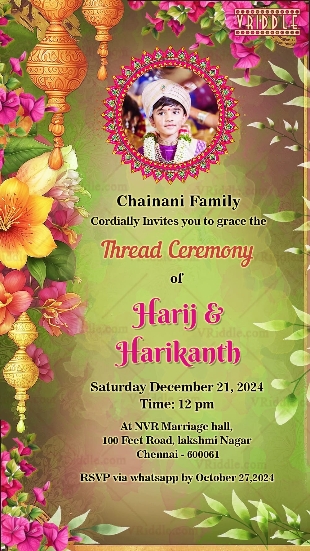 Green Theme Upanayanam Ceremony Invitation Card with Add Photo Background