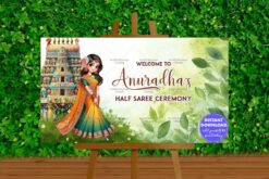 Half Saree Ceremony Welcome Banner with Temple Backdrop