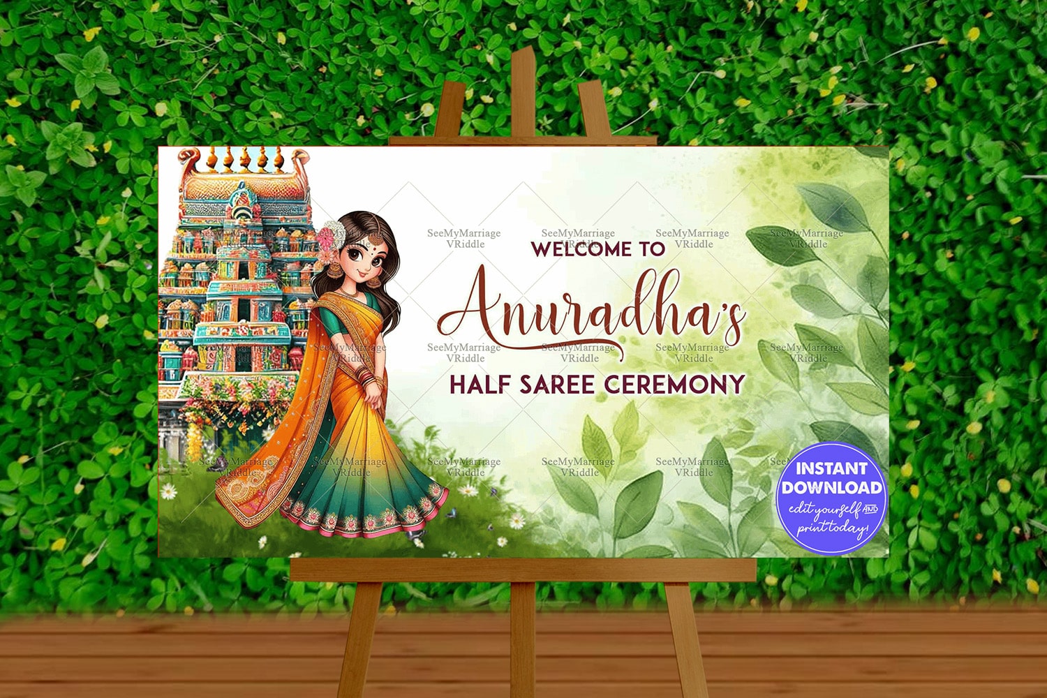 Half Saree Ceremony Welcome Banner with Temple Backdrop