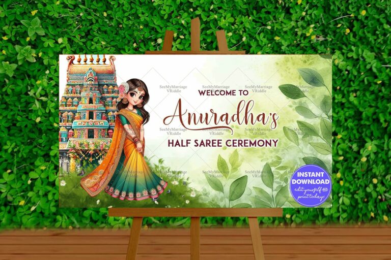 Half Saree Ceremony Welcome Banner with Temple Backdrop