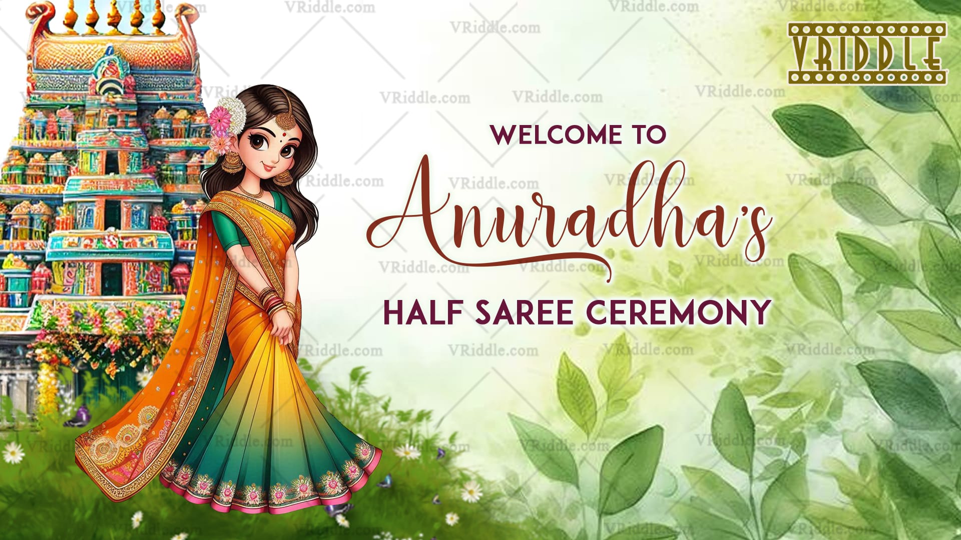 Half Saree Ceremony Welcome Banner with Temple Backdrop