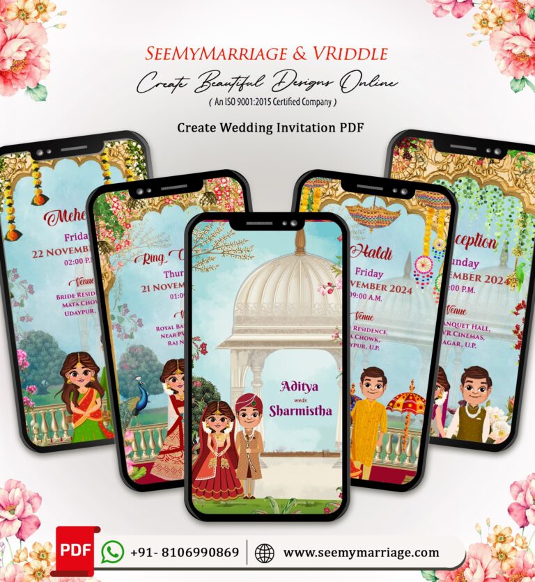 Vibrant North Indian Wedding Ceremony College Card with Lush Garden Theme Backdrop