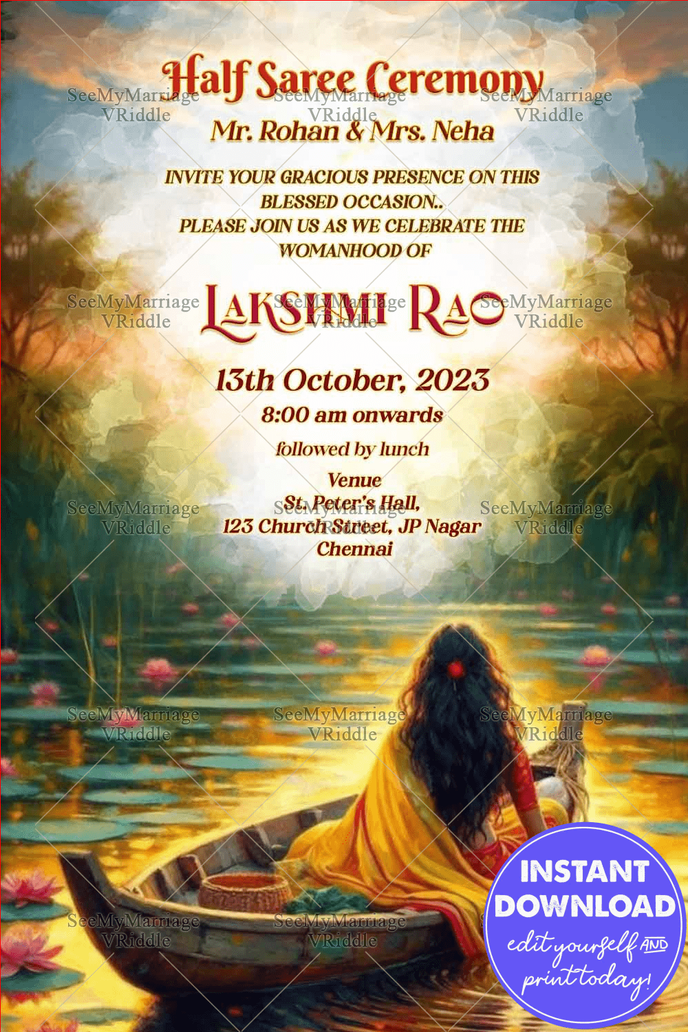 Lake Boat Half Saree Ceremony Invitation with Lotus Theme