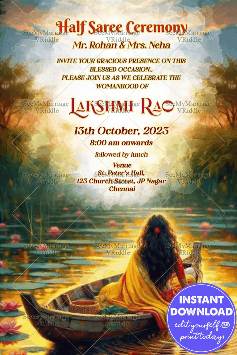 Lake Boat Half Saree Ceremony Invitation with Lotus Theme