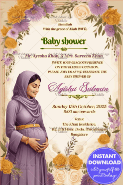 Lavender Hijab Theme Islamic Baby Shower Invitation Card with Floral Design