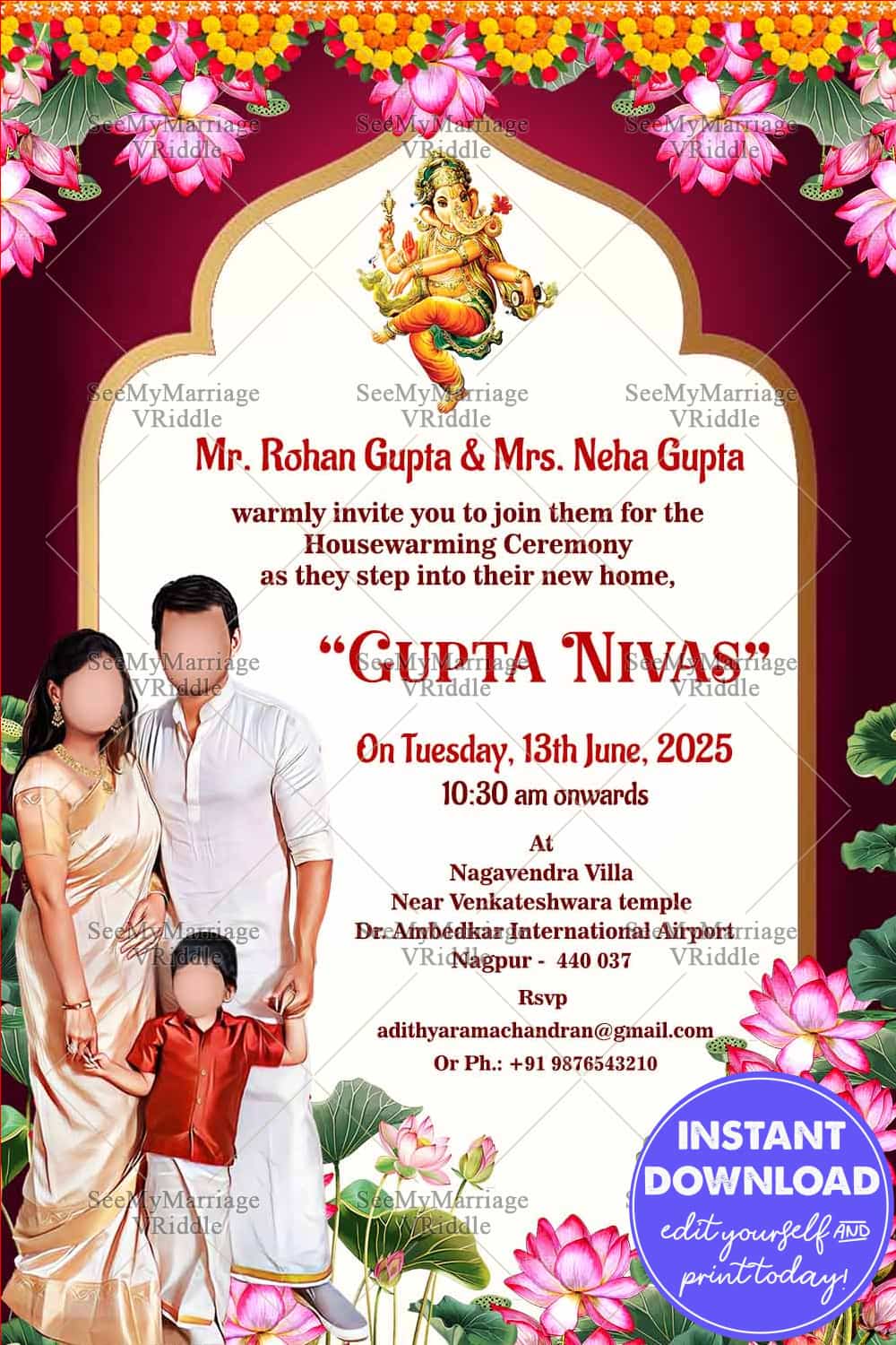 Lotus Floral Housewarming Invitation with Caricature Family and Ganesha Blessings