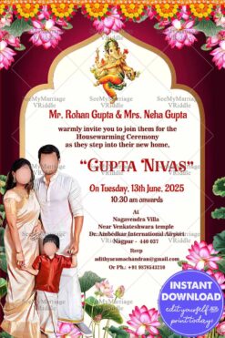 Lotus Floral Housewarming Invitation with Caricature Family and Ganesha Blessings