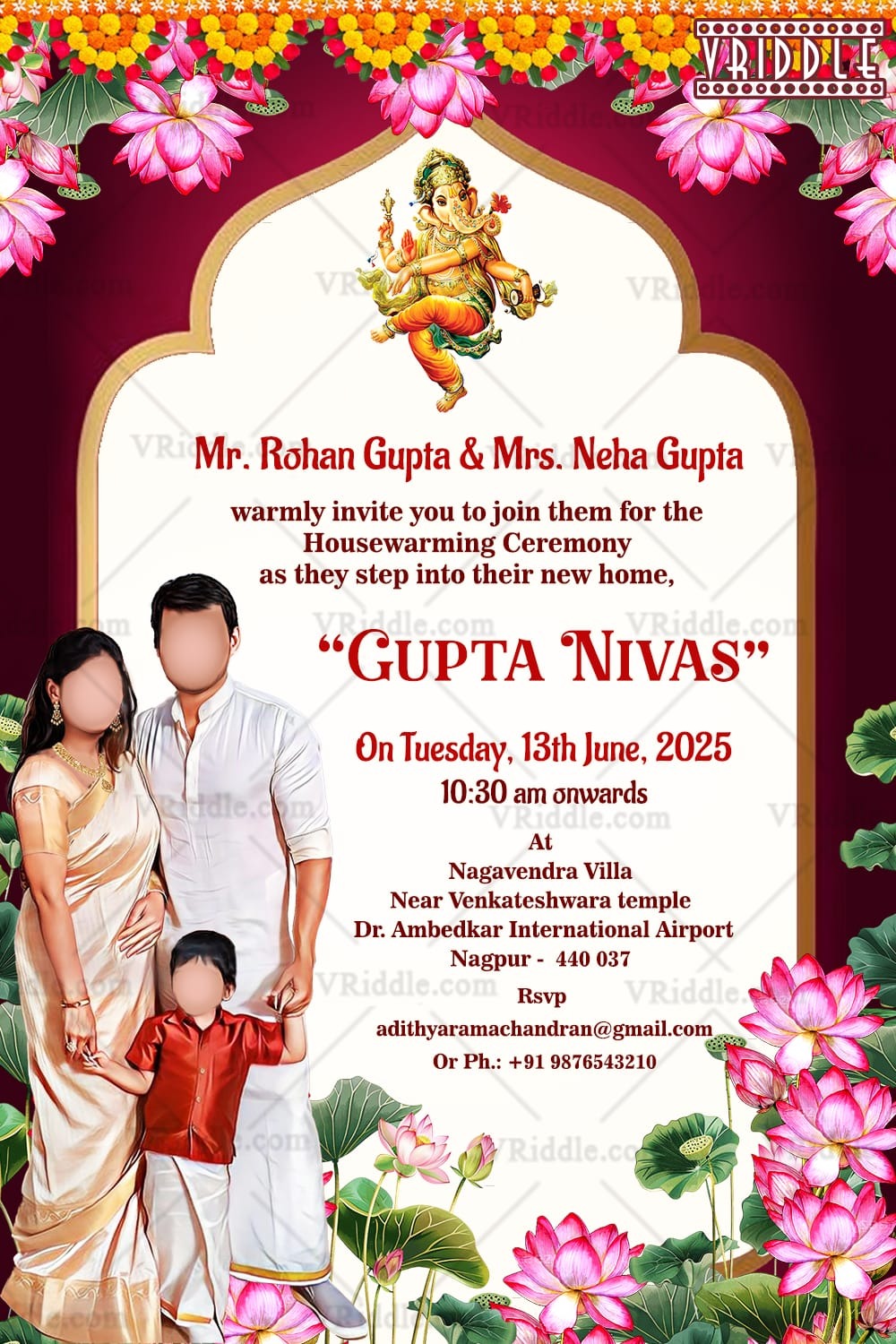 Lotus Floral Housewarming Invitation with Caricature Family and Ganesha Blessings