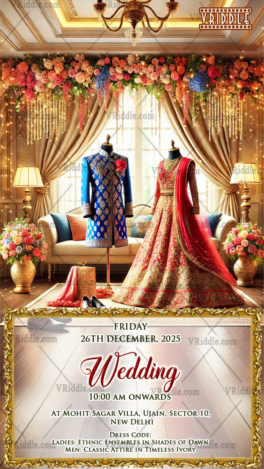 Luxury Wedding Attire Invitation with Floral Décor and Royal Ethnic Theme