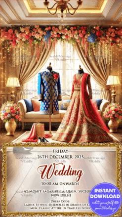 Luxury Wedding Attire Invitation with Floral Décor and Royal Ethnic Theme