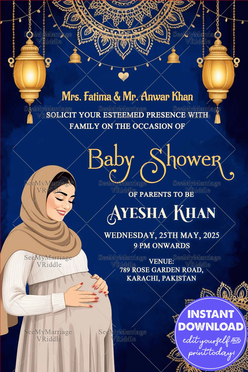 Majestic Mandala Theme Islamic Baby Shower Invitation Card with Blue Color Backdrop