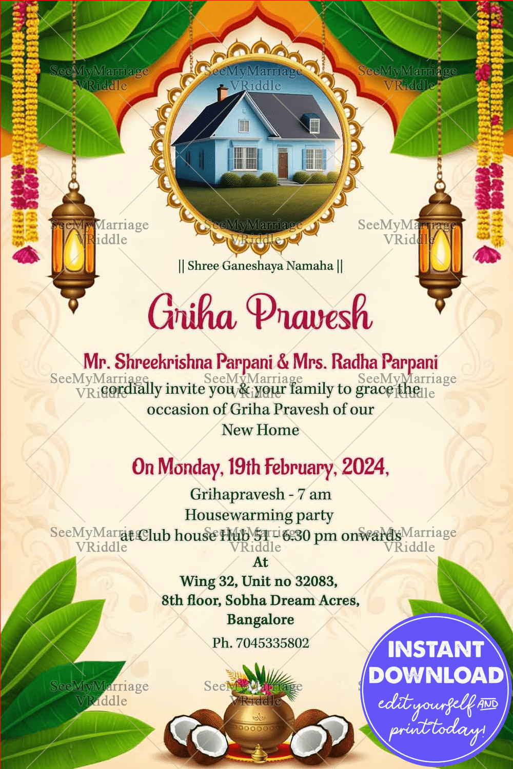 Mango Leaves Toran Traditional Griha Pravesh Ceremony Invitation Card with Add House Photo Background