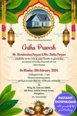 Mango Leaves Toran Traditional Griha Pravesh Ceremony Invitation Card with Add House Photo Background