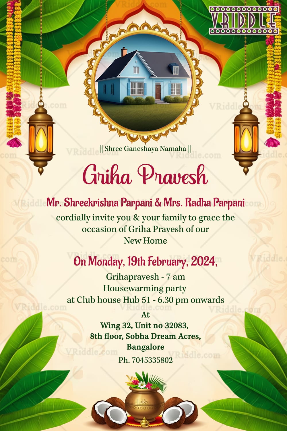 Mango Leaves Toran Traditional Griha Pravesh Ceremony Invitation Card with Add House Photo Background