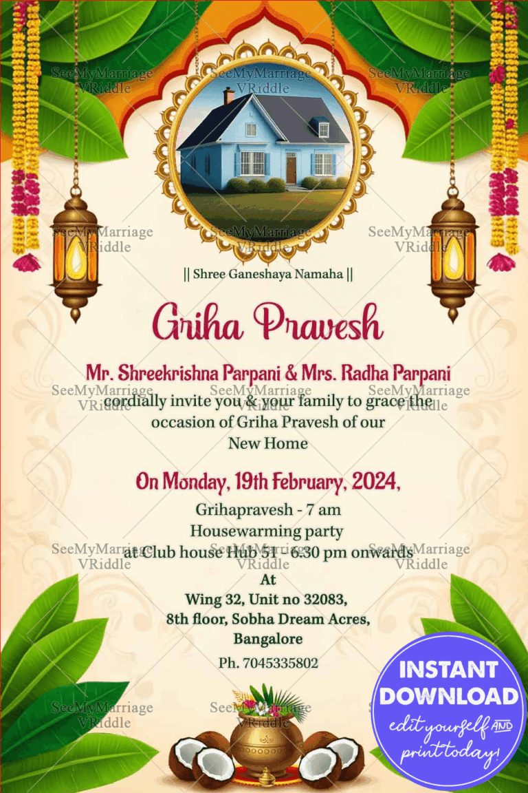 Mango Leaves Toran Traditional Griha Pravesh Ceremony Invitation Card with Add House Photo Background