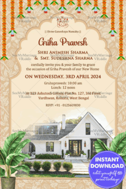 Marigold Garlands Theme Traditional Griha Pravesh Ceremony Invitation Card with Add Photo Background