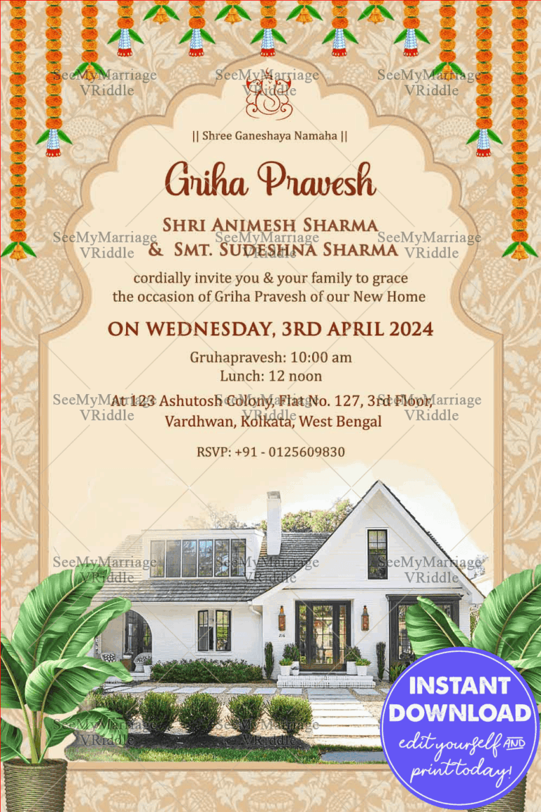 Marigold Garlands Theme Traditional Griha Pravesh Ceremony Invitation Card with Add Photo Background