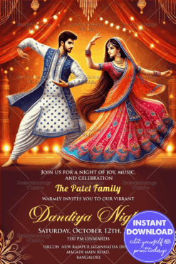 Navratri Dandiya Night Celebration Invitation Card with Elegant Couple Dancing Background