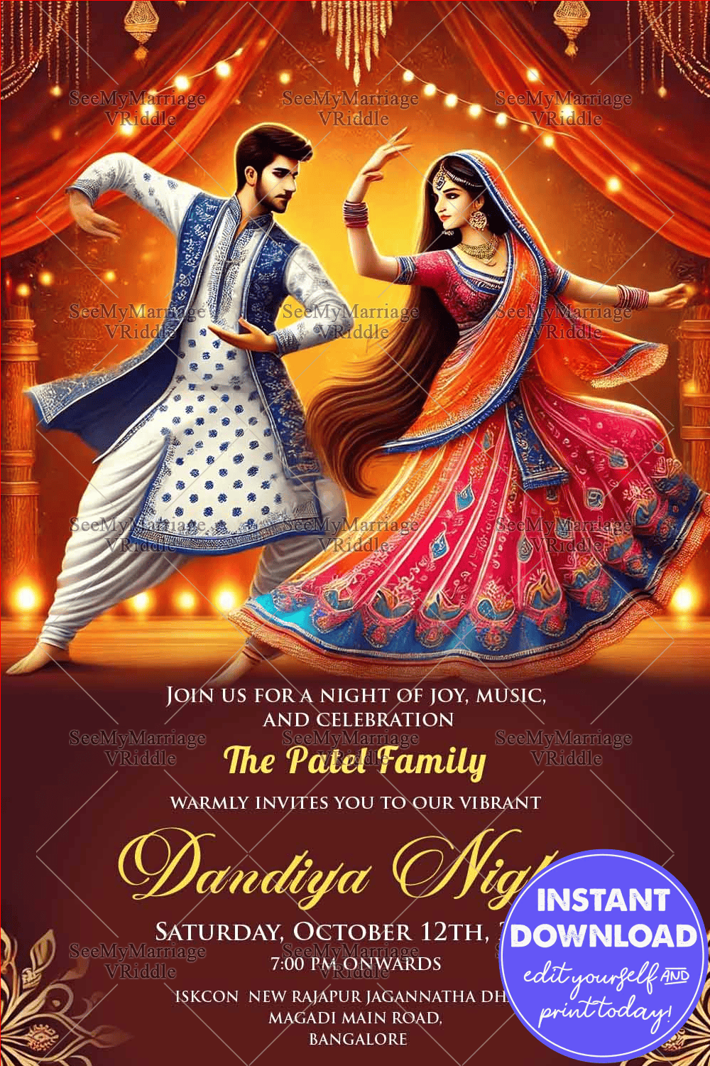 Navratri Dandiya Night Celebration Invitation Card with Elegant Couple Dancing Background