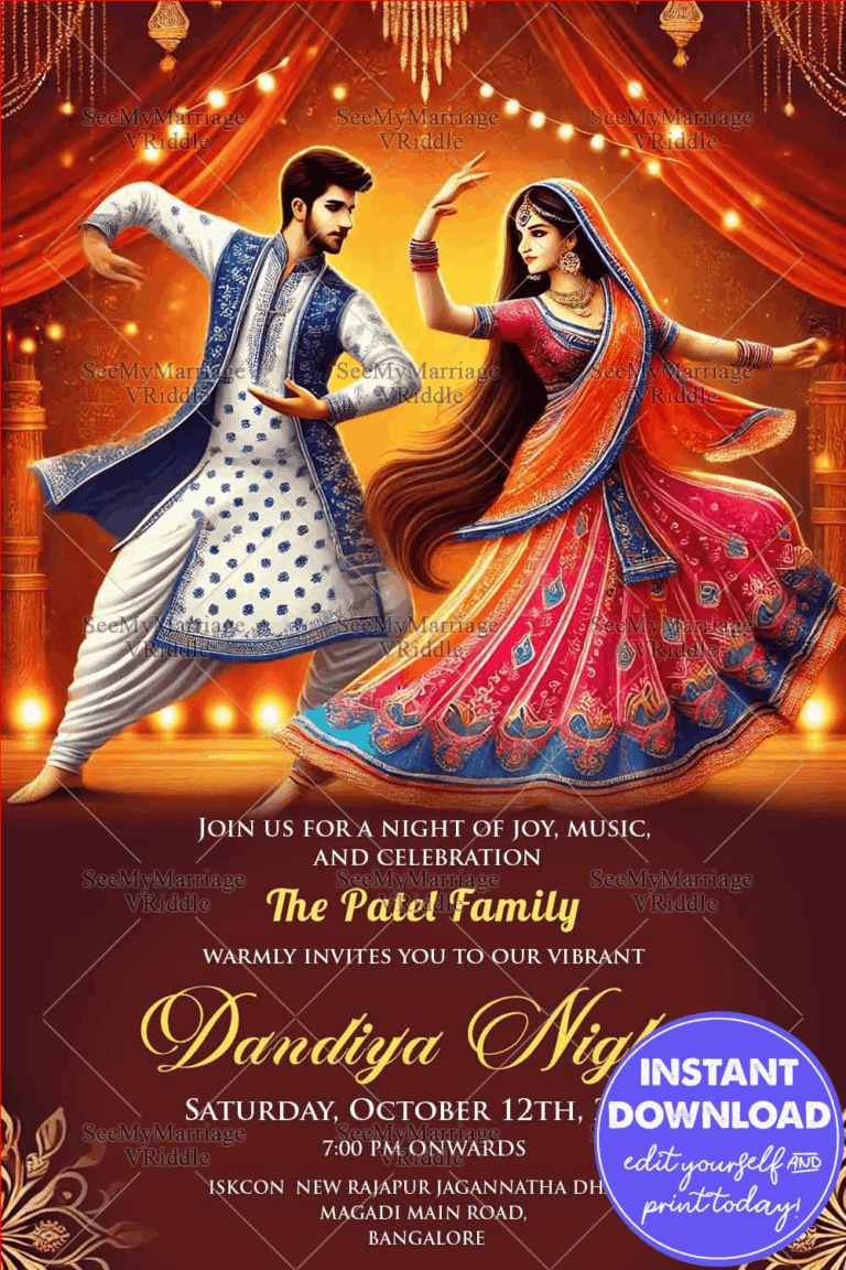 Navratri Dandiya Night Celebration Invitation Card with Elegant Couple Dancing Background