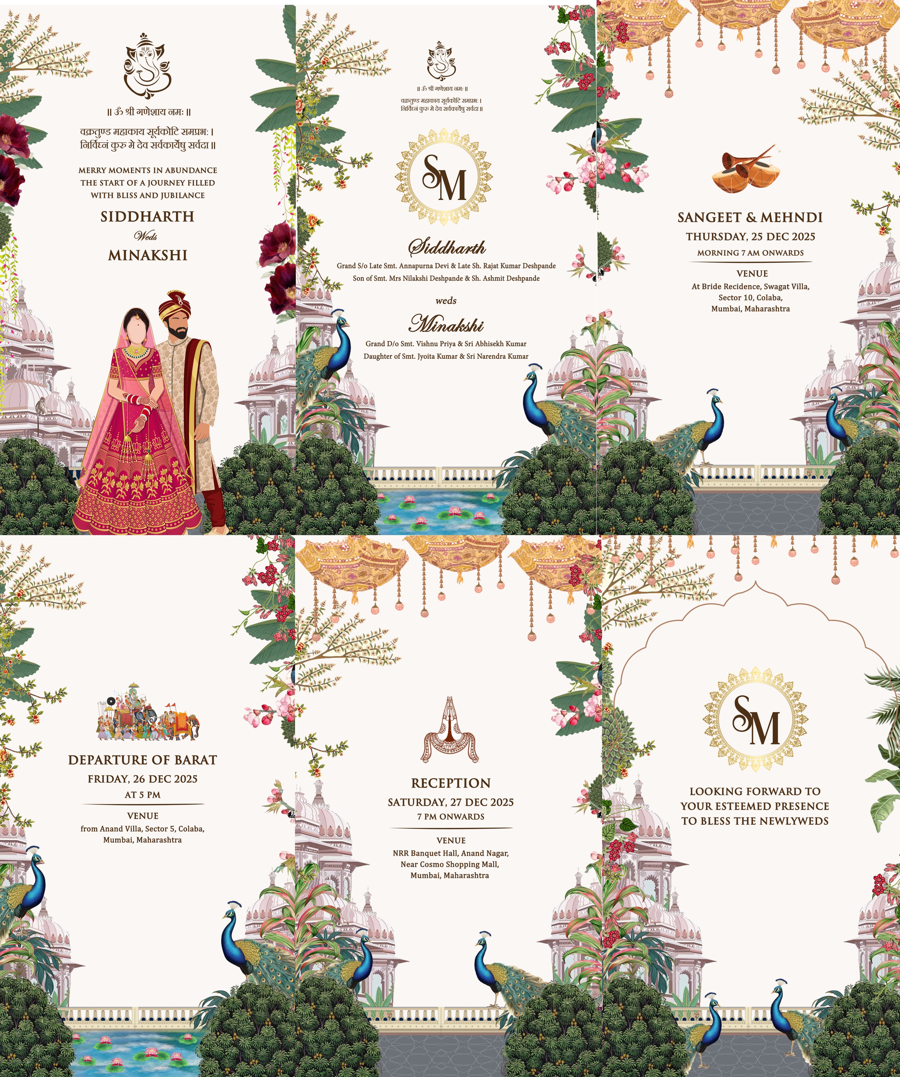 North Indian Wedding College Card with Peacock Garden Theme Backdrop