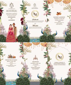 North Indian Wedding College Card with Peacock Garden Theme Backdrop
