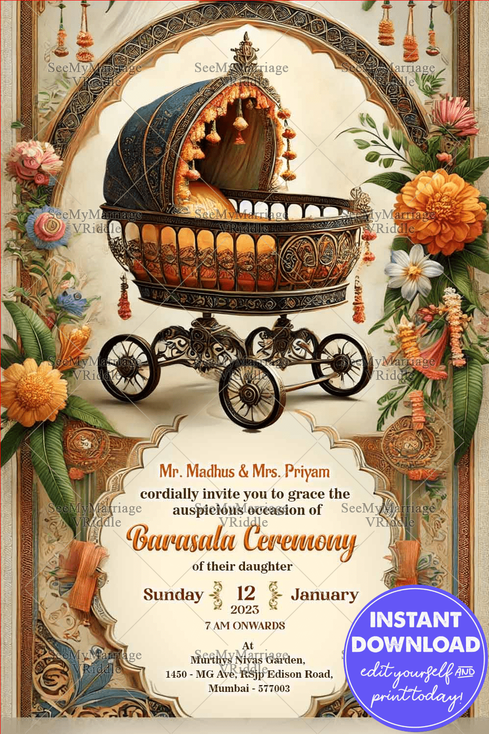 Ornate Cradle Theme Barasala Ceremony Invitation Card with Floral Design