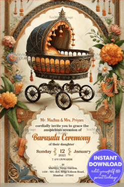 Ornate Cradle Theme Barasala Ceremony Invitation Card with Floral Design