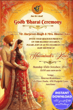 Ornate Floral Godh Bharai Invitation Traditional Punjabi Baby Shower Card