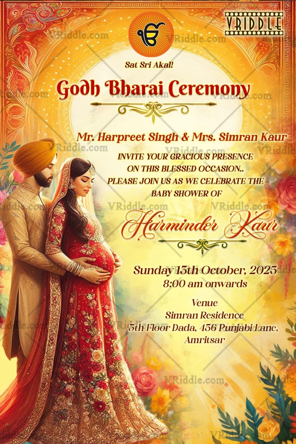 Ornate Floral Godh Bharai Invitation Traditional Punjabi Baby Shower Card