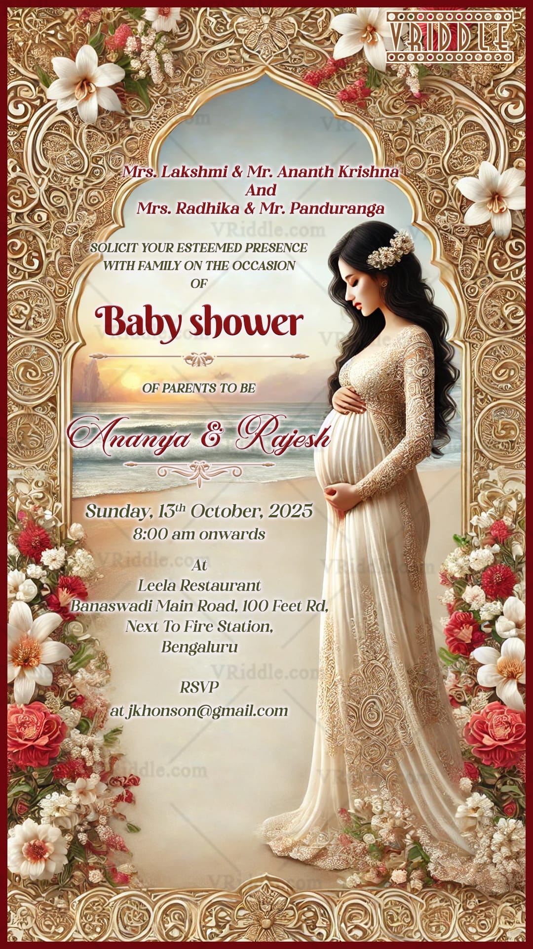 Ornate Golden Arch Theme Baby Shower Invitation Card with Floral Design