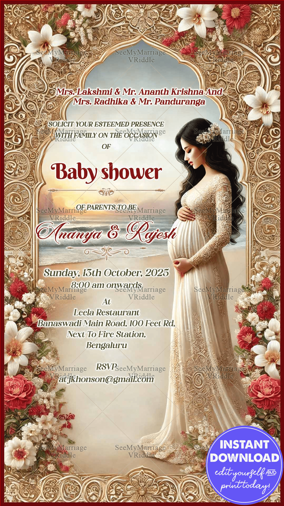 Ornate Golden Arch Theme Baby Shower Invitation Card with Floral Design