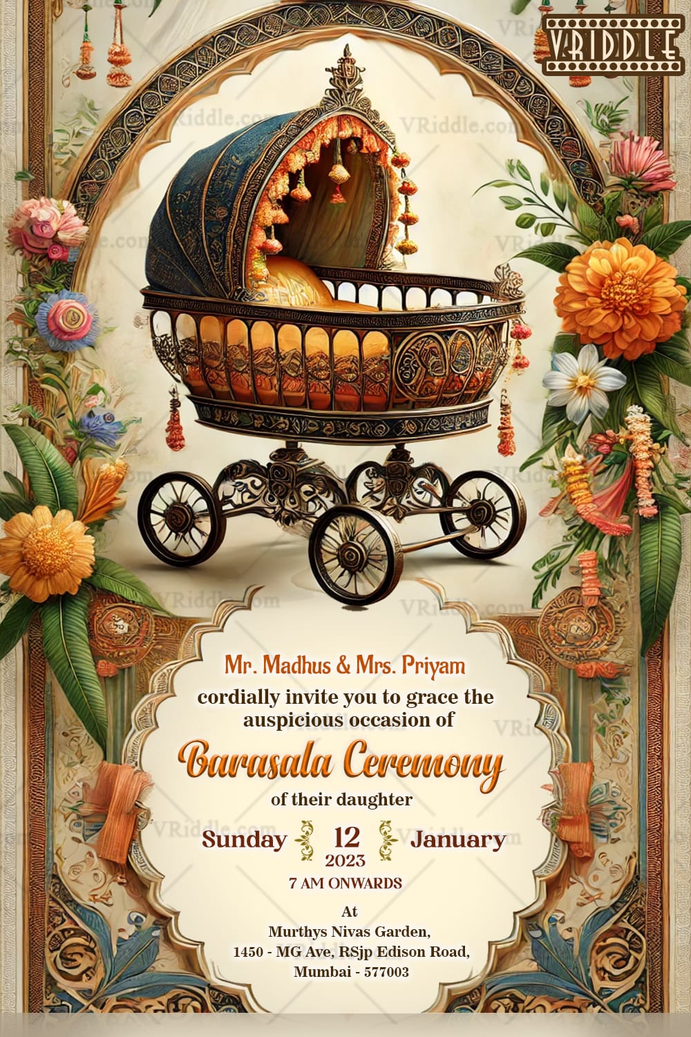 Ornate Cradle Theme Barasala Ceremony Invitation Card with Floral Design