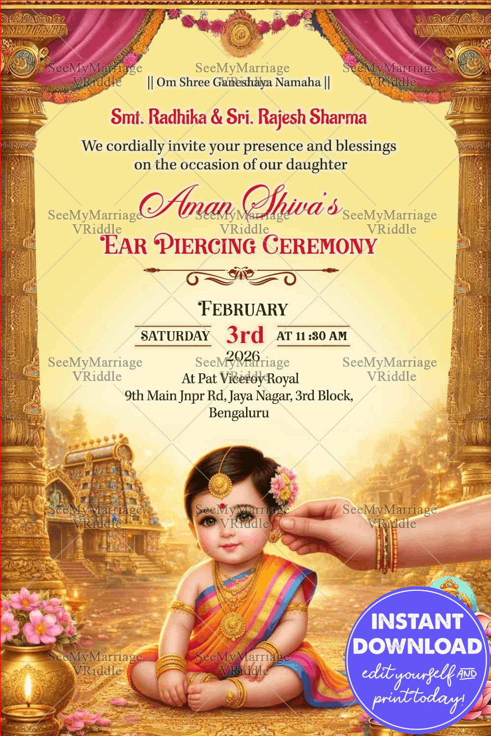 Ornate Pillars Theme Ear Piercing Ceremony Invitation Card with Cute Baby Illustration