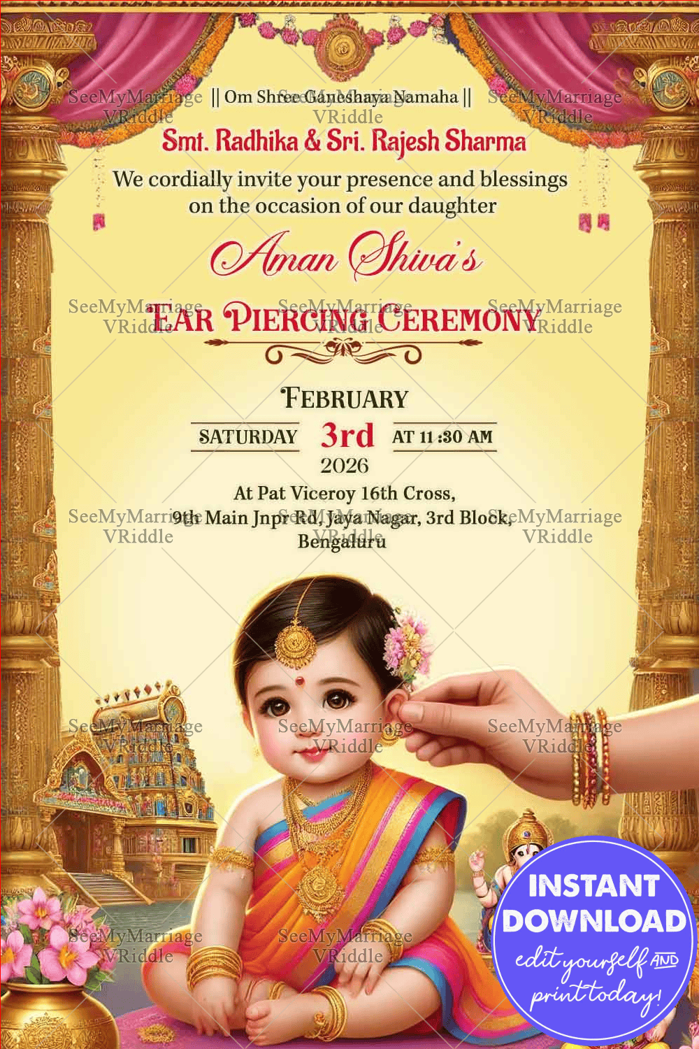 Ornate Pillars Theme Ear Piercing Ceremony Invitation Card with Cute Baby Illustration
