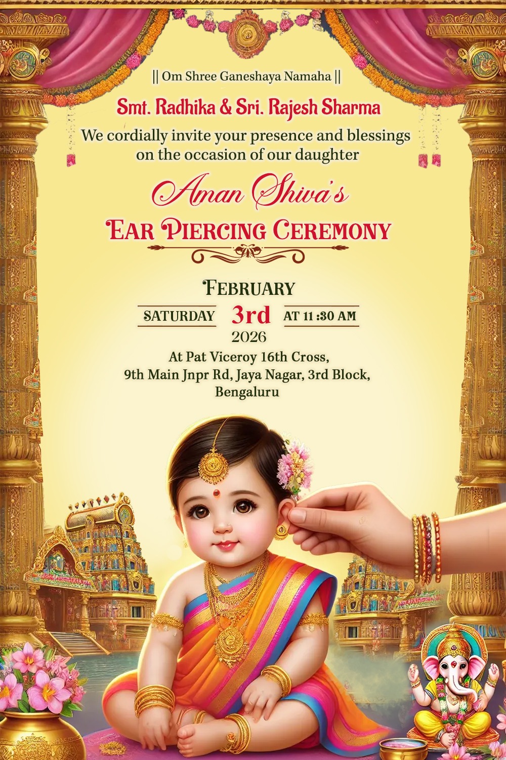 Ornate Pillars Theme Ear Piercing Ceremony Invitation Card with Cute Baby Illustration